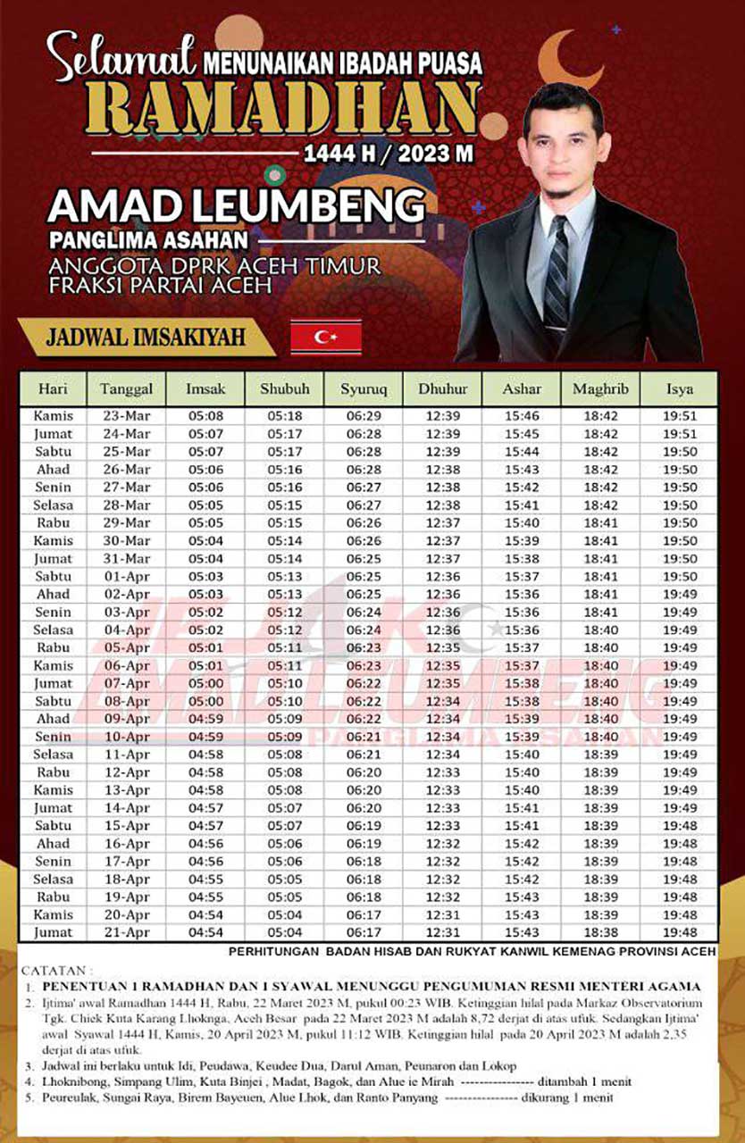 Jadwal Imsak, Buka Puasa, dan Waktu Shalat Kabupaten Aceh Timur 2023